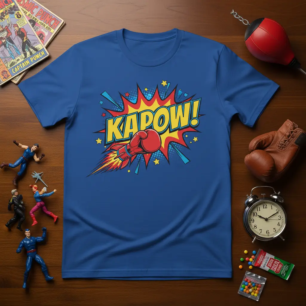 KAPOW! text and boxing glove rocket graphic in retro comic book style on a blue t-shirt