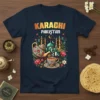 Karachi Pakistan design featuring a teapot pouring tea into a cup, mosque, and floral elements