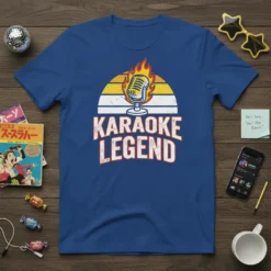 Karaoke Legend t-shirt with a retro microphone on fire graphic
