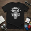 Black t-shirt with white "Karaoke Legend" text and a vintage microphone graphic