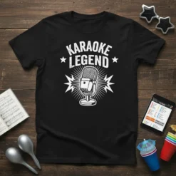 Black t-shirt with white "Karaoke Legend" text and a vintage microphone graphic