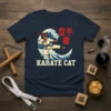 Karate Cat t-shirt design with a black cat in a gi performing a kick on a Japanese wave, with Japanese