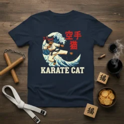 Karate Cat t-shirt design with a black cat in a gi performing a kick on a Japanese wave, with Japanese
