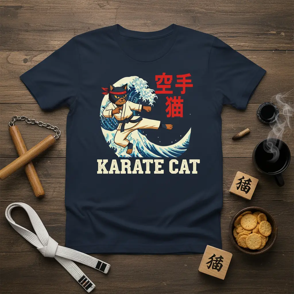 Karate Cat Japanese Wave T-Shirt Cool Cat Lover Gift