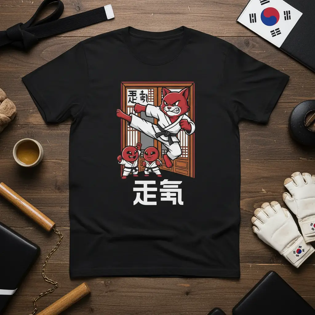走気 Karate Cat T-Shirt featuring a red cat performing a martial arts kick with Japanese characters and small characters below