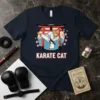 Karate Cat T-Shirt design featuring a cat in a martial arts gi performing a kick with a Japanese torii gate
