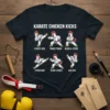 T-shirt design featuring six chickens in karate poses, with the text "KARATE CHICKEN KICKS" and individual move names like "Karate