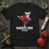 Karate Dog Dojo t-shirt design featuring a chihuahua wearing sunglasses and a red karate gi performing a kick