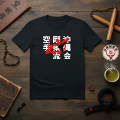 Black t-shirt with white Japanese text '空剛沖手染會' and a red graphic of a karate kick