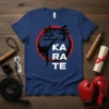 Karate T-Shirt design featuring the word KARATE in bold white letters with a silhouette of a martial artist kicking, within