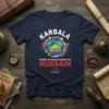 Karbala Where The World Unites For Hussain t-shirt design featuring the Earth surrounded by flags and a mosque graphic