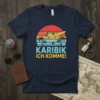 Karibik Ich Komme! retro t-shirt with a vintage airplane, palm trees, and a sunset graphic