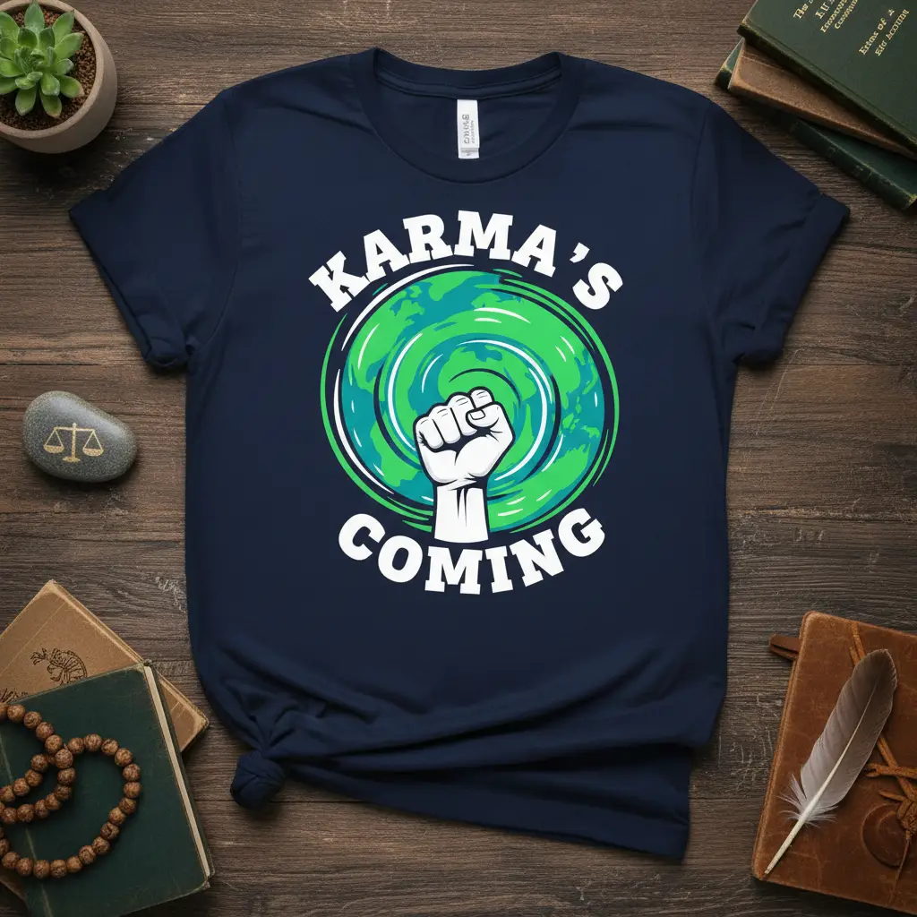 Karma's Coming quote tee with swirling galaxy and fist graphic, bold white typography