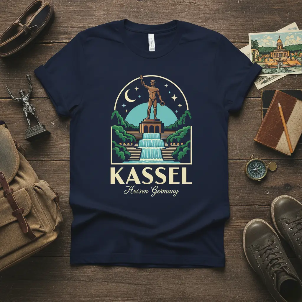Kassel Hessen Germany city landmark graphic t-shirt with Hercules statue and waterfall illustration
