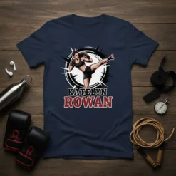 Katelyn Rowan name displayed prominently below a female kickboxer in action on a navy t-shirt