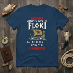 Dark blue t-shirt featuring "Kattegat Chantier Naval de Floki" text, a Viking longship graphic, and "Bateaux de Qualité Depuis 795