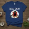 Katzen Mutti t-shirt design featuring a black cat queen on a throne with two smaller cats and yarn balls, stylized