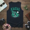 Tank top with "KAUAI HAWAII" text above a scenic waterfall and canoe design, navy blue garment