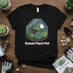 Kawai Plant Pot T-Shirt featuring a geometric terrarium filled with colorful succulents and a small white ghost graphic