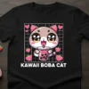 Kawaii Boba Cat t-shirt design featuring a cute cat holding a boba tea cup with strawberries and hearts