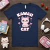 Kawaii Cat T-Shirt with pink cat, hearts, and stars graphic. Features "KAWAII CAT" text in bold lettering