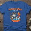 Kawaii Neko Cute Cat T-Shirt design featuring a playful grey cat reaching for a golden fish in a bowl, with