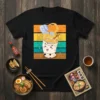 Kawaii ramen cup design with noodles, chopsticks, and a pouring teapot on a black t-shirt