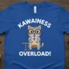 Kawainess Overload! text above a cute cartoon cat with glasses drinking bubble tea on a blue t-shirt