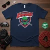 Kawasaki Japan t-shirt featuring a green helmet, crossed swords, and red lettering on a navy blue shirt