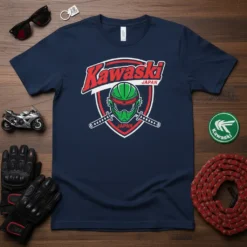 Kawasaki Japan t-shirt featuring a green helmet, crossed swords, and red lettering on a navy blue shirt