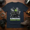 Kawasaki Z900RS Cafe cartoon motorcycle design on a navy t-shirt, featuring a stylized bike with exhaust smoke