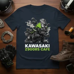 Kawasaki Z900RS Cafe cartoon motorcycle design on a navy t-shirt, featuring a stylized bike with exhaust smoke