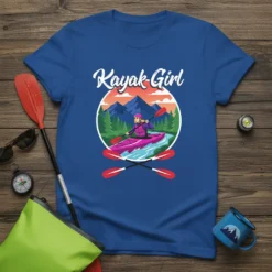 Kayak Girl t-shirt design featuring a woman kayaking down a river surrounded by mountains and trees