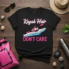 Kayak Hair DON'T CARE text design with a graphic of a person kayaking on water