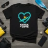 Black t-shirt with "Kayak Love" text and a teal heart graphic featuring a person kayaking