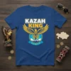 Kazah King t-shirt design with a golden eagle emblem and Kazakhstan flag elements, royal blue shirt
