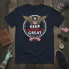 Keep America Great patriotic t-shirt with eagle and American flags design, bold red and white lettering