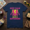 Keep Calm And Be A Superhero quote on a navy t-shirt with a pink and yellow shield graphic and clenched