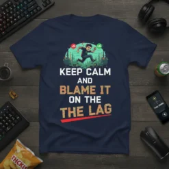 Keep Calm and Blame It On The Lag funny gamer t-shirt with a cartoon man running and lag indicators