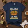 Navy t-shirt with "Keep Calm and Eat More Aloo Gobi" text and a cartoon bowl of the dish