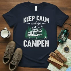 Keep Calm and Go Campen text with RV camper graphic, mountains, and trees on a navy t-shirt