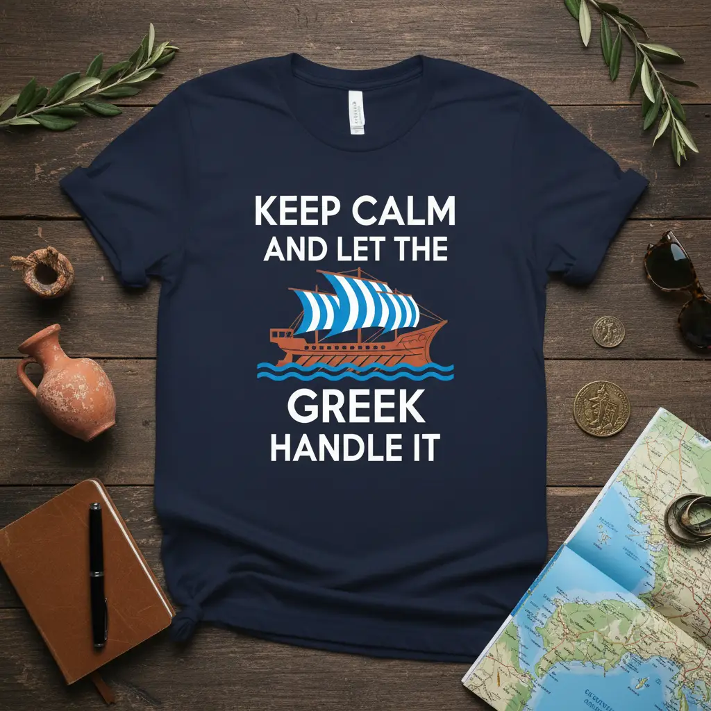 Keep Calm And Let The Greek Handle It text with a vintage Greek ship graphic on a navy tee