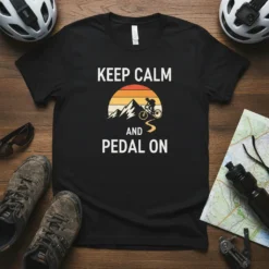 Keep Calm And Pedal On text with mountain biker silhouette graphic on black t-shirt