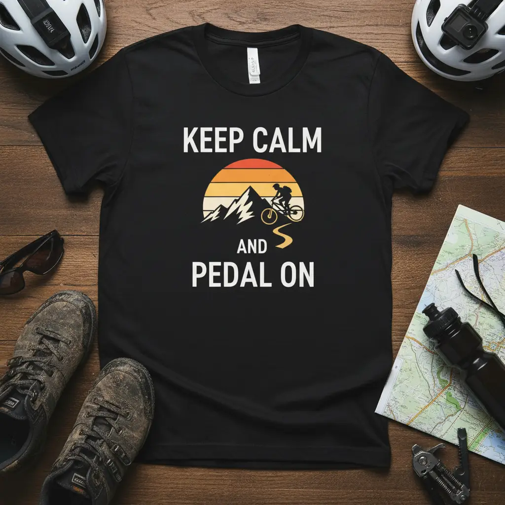 Keep Calm And Pedal On quote with mountain biker silhouette and sunset graphic on black t-shirt