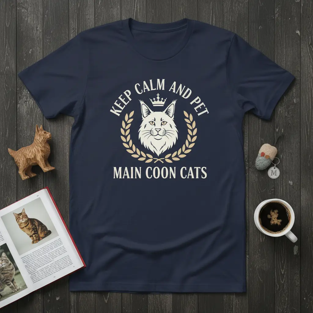 Keep Calm and Pet Main Coon Cats quote with crowned cat graphic on a dark navy t-shirt