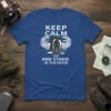 Keep Calm And Stand In The Door T-Shirt with skydiver graphic and wings, blue fabric