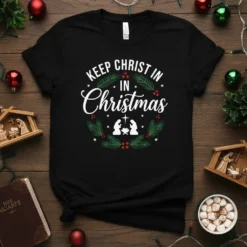 Keep Christ In Christmas t-shirt with a nativity scene graphic and festive wreath design