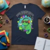 Keep Homeschool Weird t-shirt design with a chameleon wearing headphones and sunglasses, holding a book