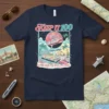 Retro Keep It 100 On The Land, The Seas, The Skies t-shirt design featuring a monorail, boat, and tropical scenery