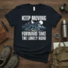 Keep Moving Forward Take The Lonely Road wolf graphic t-shirt design with mountains and moon